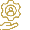 Hand holding gear with person icon.